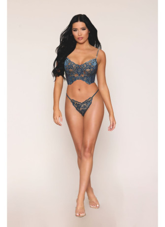 Bustier dentelle florale et résille avec strass et string assorti - DG13492BLU